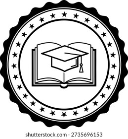 La Imagen representa un sello circular con una gorra de graduación colocada encima de un libro abierto, simbolizando la educación y el aprendizaje. El sello está adornado con un borde de estrellas, agregando un toque decorativo y celebratorio al diseño general.