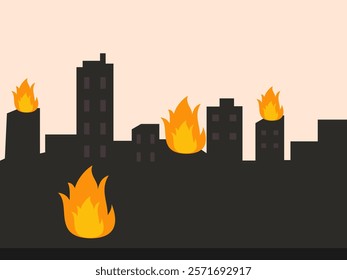 The image depicts a city skyline engulfed in flames