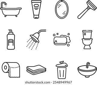 The image depicts a collection of bathroom essentials as simple line icons. The icons include a bathtub, shower, toilet, sink, mirror, soap, shampoo, razor, toilet paper, towel, and a trash can.