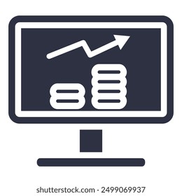 The image depicts a computer monitor displaying a graph with an upward trend arrow, alongside two stacks of coins, representing growth in profits and revenue through online business activities.
