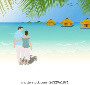 The image depicts a couple on a beach in Lombok, Indonesia, looking out at stilt houses over the water. Lombok is known as 