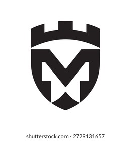 The image depicts a crest or emblem featuring a stylized 'M' at its center, enclosed within a shield-like shape. The top of the crest is adorned with a design resembling battlements, commonly associated with medieval castles. The overall design is monochromatic, using black and white colors. The 'M' is prominently displayed, with two vertical lines extending from its sides, giving it a distinctive and recognizable appearance. This emblem likely represents a historical institution, possibly a university or a noble house, given the traditional and heraldic elements.