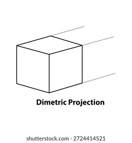image depicts a cube in dimetric projection, a type of technical drawing used in engineering, architecture, and design. 