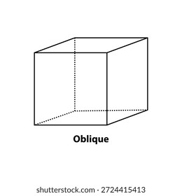 image depicts a cube in oblique projection, showcasing a technical drawing of a three-dimensional shape on a white background. 
