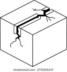 The image depicts a cube with a prominent crack running diagonally across its surface. The crack is jagged and extends from one edge of the cube to the opposite edge, with smaller fractures branching out from the main crack. The cube is shown in a three-dimensional perspective, highlighting the depth and severity of the damage.