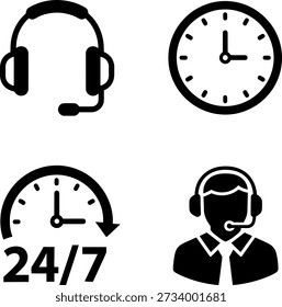 Das Bild zeigt einen Kundendienstmitarbeiter, der ein Headset trägt, das die Bereitschaft zur Unterstützung der Kunden symbolisiert. Die Uhr und der 24-7-Indikator unterstreichen die Verfügbarkeit von Support-Services rund um die Uhr.
