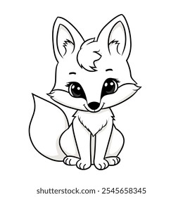 The image depicts a cute, cartoon-style fox with large, sparkling eyes and soft white fur. It’s sitting with a friendly expression, featuring pointed ears and a fluffy, curled tail.