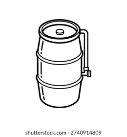 The image depicts a cylindrical barrel, typically used for storage, featuring a rounded top with a central cap and a spigot near the bottom. A hose is attached to the spigot, likely for controlled dispensing of liquids. This type of container is often used in industrial, agricultural, or household settings for storing and transferring liquids such as water, chemicals, or beverages.
