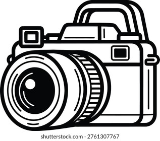 The image depicts a detailed line drawing of a classic DSLR camera. The camera features a prominent lens with adjustable aperture rings, a flash unit on top, and a strap attached to its left side. The design highlights the camera's shutter button, viewfinder, and multiple control dials. The overall style is reminiscent of traditional analog photography equipment.