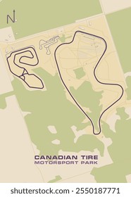 A imagem retrata um mapa detalhado do Canadian Tire Motorsport Park, uma pista de corrida localizada em Ontário, Canadá.