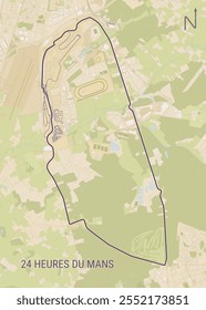 A imagem retrata um mapa detalhado do Circuito de la Sarthe, a famosa pista de corrida usada para a corrida de resistência 24 Horas de Le Mans. O mapa destaca o layout da faixa em uma linha roxa escura.