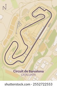 A imagem mostra um mapa detalhado do circuito de Barcelona-Catalunha, localizado perto de Barcelona, Espanha. A faixa é contornada em uma cor roxa escura, enrolando-se através de uma paisagem de edifícios.