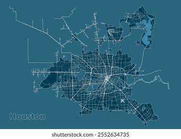 A imagem retrata um mapa detalhado de Houston, Texas, renderizado em um estilo minimalista. O mapa apresenta um fundo azul escuro com linhas brancas representando estradas e ruas.