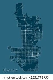 A imagem retrata um mapa detalhado de Phoenix, Arizona, renderizado em um estilo minimalista. As ruas e estradas da cidade são representadas por uma rede de linhas brancas finas.