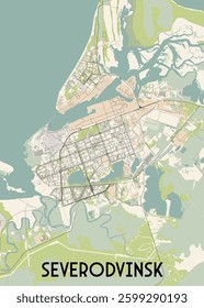 The image depicts a detailed map of Severodvinsk, a city located in the Arkhangelsk Oblast region of Russia. The map showcases the city's layout, including its streets, waterways.