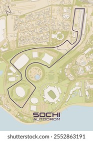 A imagem mostra um mapa detalhado da pista de corrida Sochi Autodrom, localizada na Rússia. A pista é delineada em roxo escuro e ventos através de um complexo de edifícios, estádios e espaços verdes.