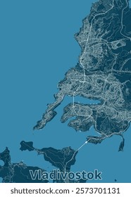 The image depicts a detailed map of Vladivostok, a city in Russia, with a blue background. The map showcases the city's intricate network of roads and streets.