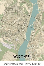 The image depicts a detailed map of Voronezh, a city in Russia. The map is rendered in a minimalist style with a beige background and black lines representing streets and roads.