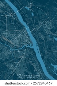 The image depicts a detailed map of Yaroslavl, a city in Russia. The map is rendered in a minimalist style with a dark blue background and white lines representing roads, streets, and waterways.