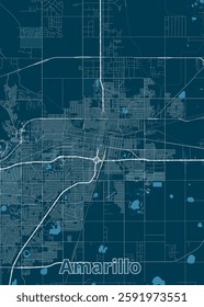 The image depicts a detailed street map of Amarillo, Texas. The map is rendered in a minimalist style with a dark blue background and white lines representing roads and streets.