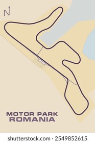 A imagem retrata um mapa detalhado da pista do Motor Park Romania, uma pista de corrida localizada na Romênia. O mapa é apresentado em uma vista de cima para baixo, mostrando o layout da faixa com um caminho sinuoso e serpenteado.