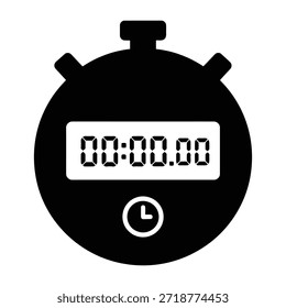 The image depicts a digital stopwatch with a black and white design. The stopwatch is circular with two buttons on either side of the display. The screen shows the time as '00:00.00', indicating that the stopwatch is not currently in use or has just been reset. Below the digital display, there is a small circular button with a clock symbol, likely used to start, stop, and reset the timer.
