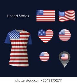 A imagem retrata um grupo diversificado de pessoas vestindo camisetas com desenhos representando diferentes aspectos dos Estados Unidos. Algumas camisas apresentam o mapa dos EUA em várias cores, com fronteiras estaduais 