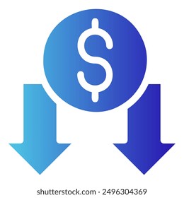 The image depicts a dollar sign inside a circle, with two downward arrows pointing to the bottom, indicating a decrease in value.
