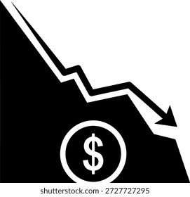 Das Bild zeigt einen nach unten gerichteten Graph mit einem Dollarsymbol in der Mitte. Der Rückgang der Grafik deutet auf einen Abwärtstrend oder eine Abnahme des wirtschaftlichen Wertes oder der Finanzstabilität hin. Die Verwendung von Schwarz-Weiß-Farben unterstreicht die krasse Natur des wirtschaftlichen Abschwungs.