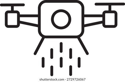 La Imagen representa un dron con cuatro hélices, cada una ubicada en las esquinas del dron. El dron está equipado con un tanque o contenedor central desde el cual se rocía líquido hacia abajo. El dron parece estar en el aire, rociando activamente el líquido que se encuentra debajo.
