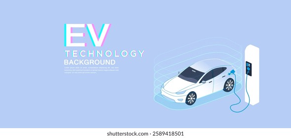 The image depicts an electric vehicle (EV) charging at a station, illustrating modern EV technology. The sleek white car is surrounded by digital energy waves, emphasizing innovation.







