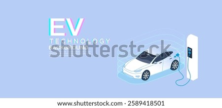 The image depicts an electric vehicle (EV) charging at a station, illustrating modern EV technology. The sleek white car is surrounded by digital energy waves, emphasizing innovation.








