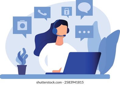 The image depicts a female customer support representative wearing a headset while working on a laptop. Surrounding her are communication icons, including a phone, chat bubbles, and a lock, symbolizin