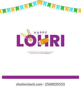 
The image depicts the festive celebration of Lohri with Lohri written in a festive font Wheat stalks and traditional sweets symbolize the harvest while colorful flags enhance the atmosphere




