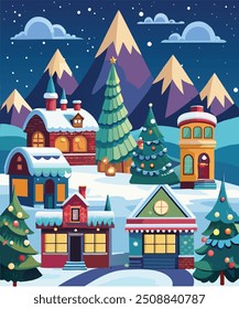 The image depicts a festive, winter village scene with snow-covered houses, decorated Christmas trees, and a mountainous backdrop under a night sky. 