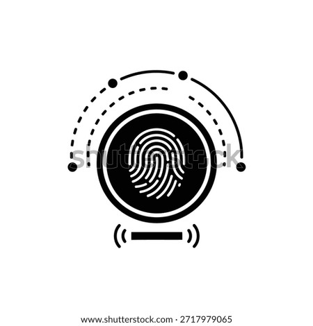 The image depicts a fingerprint within a circular frame, surrounded by dashed lines and dots, symbolizing the process of fingerprint scanning and recognition. This technology is commonly used for secure identification and access control in various applications, such as smartphones, computers, and security systems.