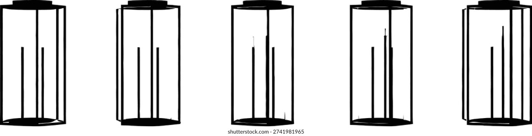 The image depicts five identical cylindrical wire cages with black bases and tops arranged in a row on a white background, likely used for storage or display purposes.