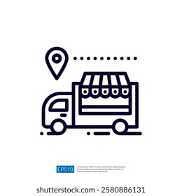 The image depicts a food truck with a striped awning and a location pin, symbolizing mobile food services and delivery.