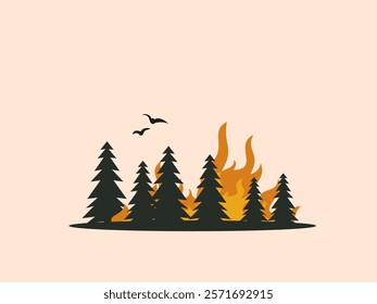 The image depicts a forest fire, with flames rising amidst dark green pine trees