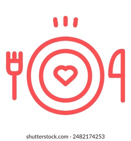 The image depicts a fork, knife, and plate with a heart in the center. It symbolizes the love and enjoyment of food.