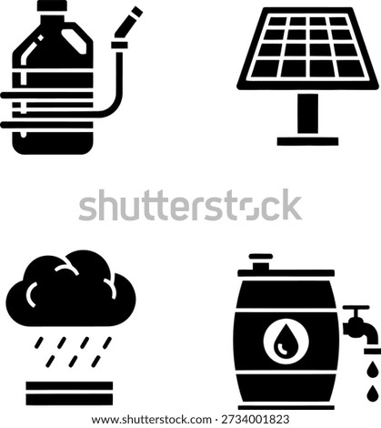 The image depicts four black and white icons representing different renewable energy sources and water management systems. The first icon shows a water bottle with a drop of water, symbolizing water conservation or management. The second icon is a solar panel, representing solar energy. The third icon depicts a cloud with raindrops, symbolizing rainwater harvesting or weather-related concepts. The fourth icon shows a barrel with a drop of oil, representing oil storage or management.