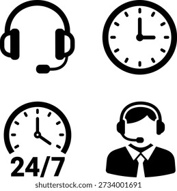 Das Bild zeigt vier Symbole, die den Kundendienst darstellen. Zu den Symbolen gehören ein Headset für die Kommunikation, eine Uhr mit Zeitanzeige, eine Verfügbarkeitsanzeige für 24,7 Sekunden und eine Person, die ein Headset trägt, das einen Kundendienstmitarbeiter symbolisiert. Das Image unterstreicht die ständige Verfügbarkeit von Kundensupport-Services.