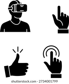 La Imagen representa cuatro íconos que representan diferentes interacciones con la tecnología. El primer ícono muestra a una persona usando un auricular de realidad virtual, simbolizando la inmersión en entornos virtuales. El segundo icono muestra una mano con un dedo índice apuntando hacia arriba, indicando un comando de selección o interacción. El tercer ícono presenta una mano con el pulgar levantado, a menudo asociado con Aprobación o Comentarios positivo. El cuarto icono ilustra una mano tocando un objetivo circular, representando la pantalla táctil o la interacción de la interfaz interactiva.