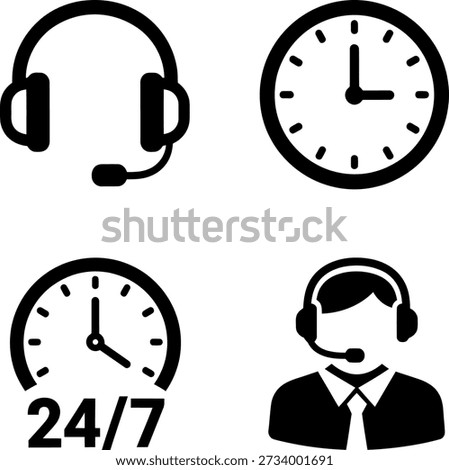 The image depicts four icons representing customer support services. The icons include a headset for communication, a clock indicating time, a 24 7 availability indicator, and a person wearing a headset, symbolizing a customer support representative. The image emphasizes the constant availability of customer support services.