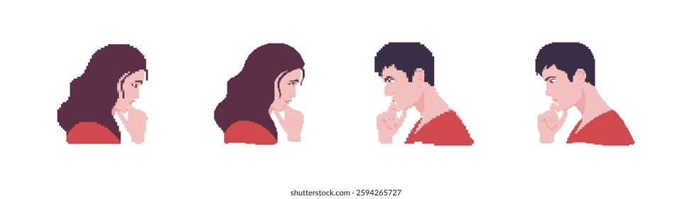 The image depicts four people in profile views, reflecting various states of thought and curiosity.