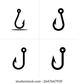 Image depicts four variations of a black fishing hook icon, against a stark white background, showcasing different hook styles. Graphic, minimalist design for fishing resources.