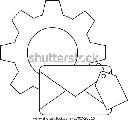 The image depicts a gear a tag and an envelope