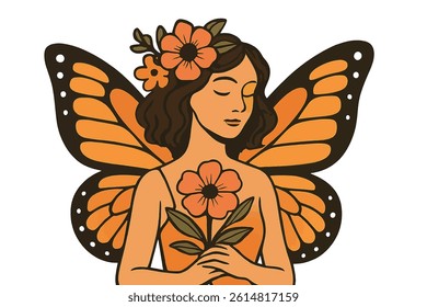 The image depicts a girl with butterfly wings, accompanied by a woman's portrait surrounded by flowers, as well as a woman's body adorned with a flower, intended for a printing design featuring
