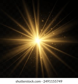 The image depicts a golden light , including sun rays and a dawn effect. The image also includes a gold flare