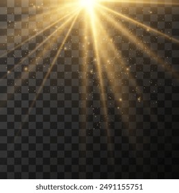 The image depicts a golden light , including sun rays and a dawn effect. The image also includes a gold flare